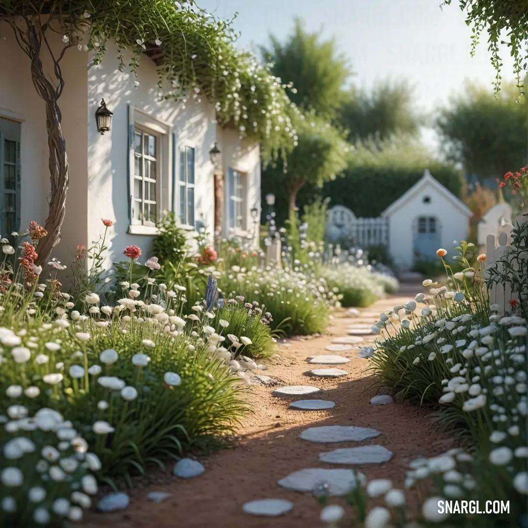 A tranquil garden scene featuring a charming path made of rustic stones, flanked by vibrant flowers and lush trees, leading to a picturesque house set against a soft copper-hued sky at dusk.