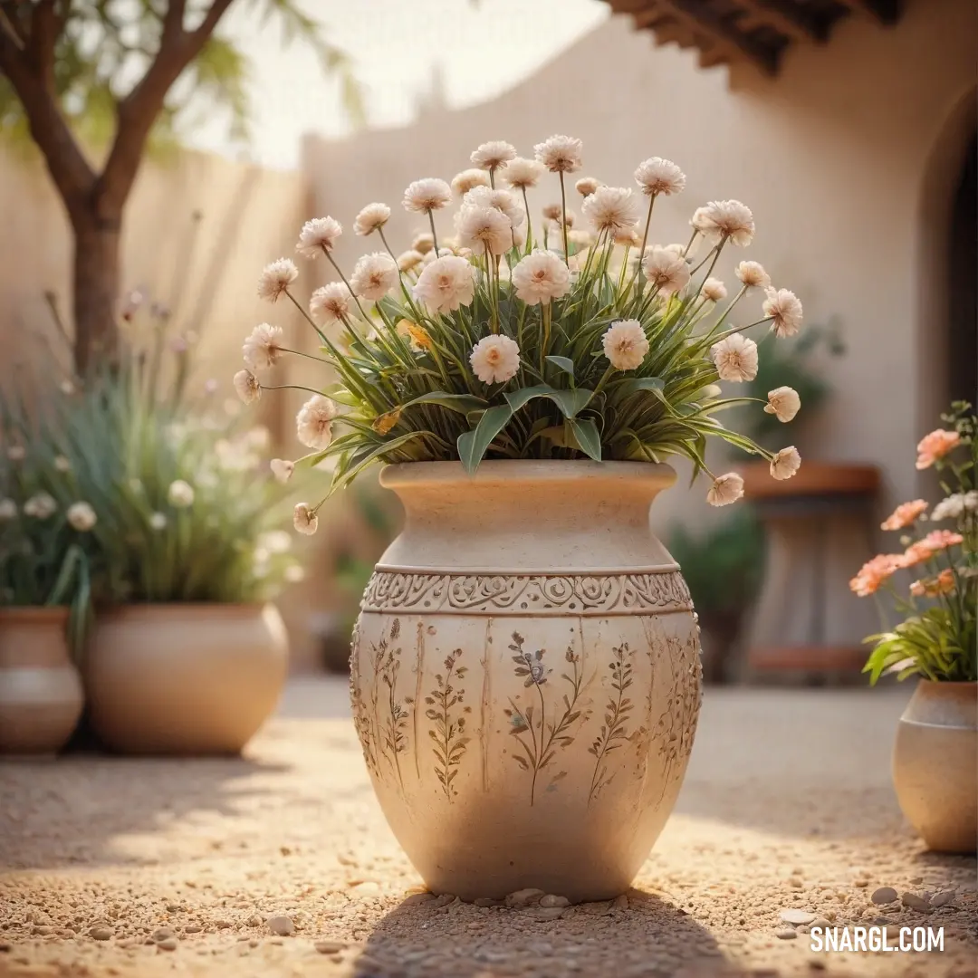 A sunny patio filled with vibrant potted flowers, featuring a lovely vase overflowing with blooming blossoms that create a delightful burst of colors against a warm outdoor backdrop.