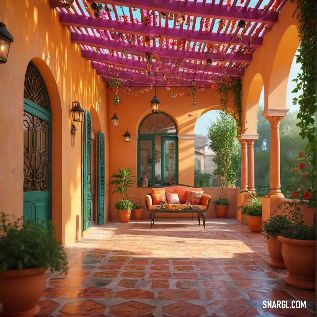 A lovely patio showcasing a comfortable couch surrounded by beautiful potted plants, complemented by a charming green door and window, creating an idyllic outdoor retreat for leisure.