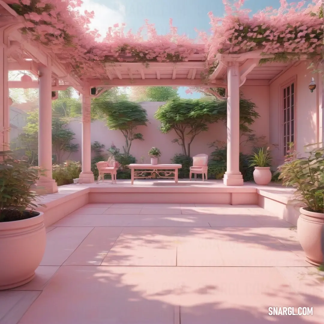 A delightful pink patio adorned with a rustic wooden bench and cheerful potted plants, creating a cozy spot for relaxation and enjoying beautiful summer days bathed in warm sunlight.