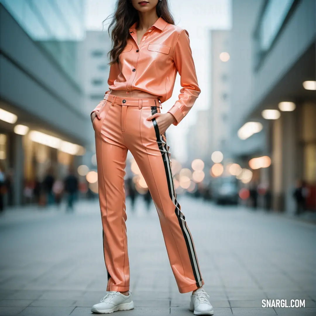 Pale copper color example: Woman in an orange outfit is standing on a sidewalk with her hands on her hips and her legs crossed