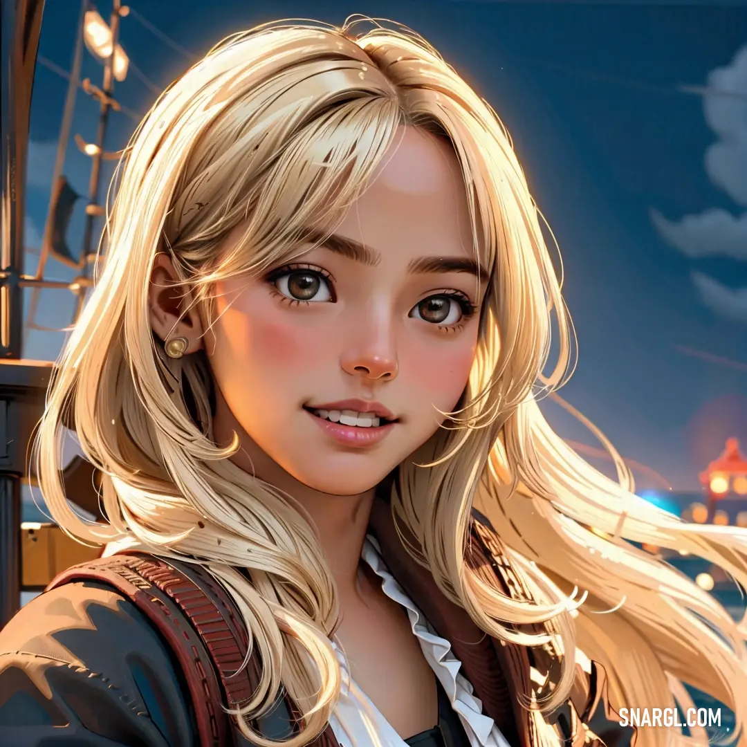 Woman with blonde hair and a pirate outfit on a boat at night with a full moon in the background
