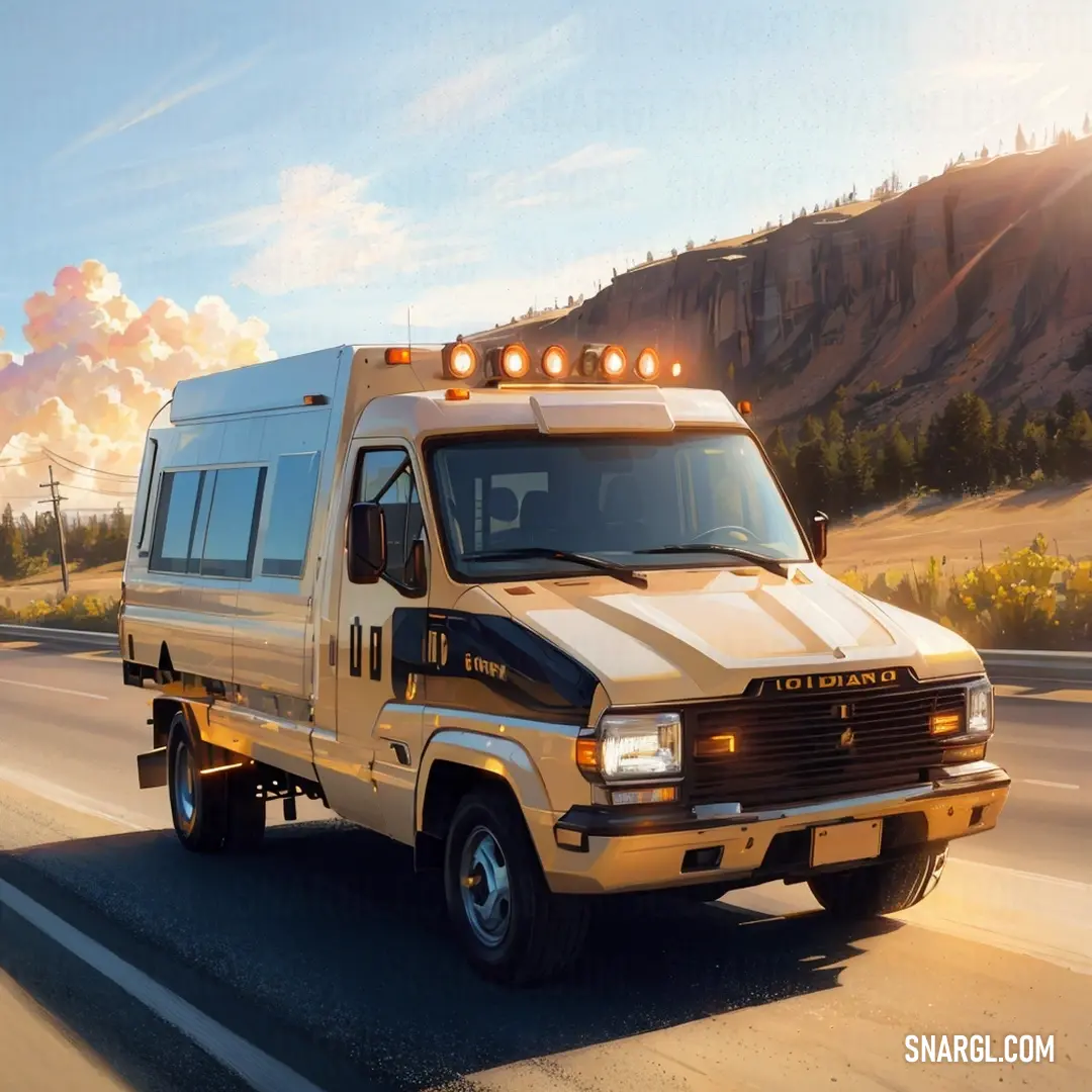 Yellow ambulance driving down a road with mountains in the background and a sky filled with clouds in the distance