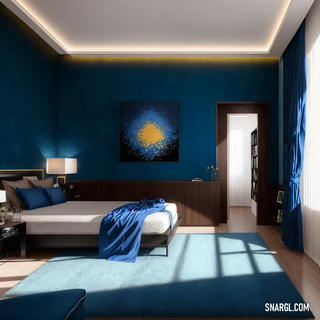 Pale cornflower blue color example: Bedroom with a blue wall and a blue rug on the floor and a bed