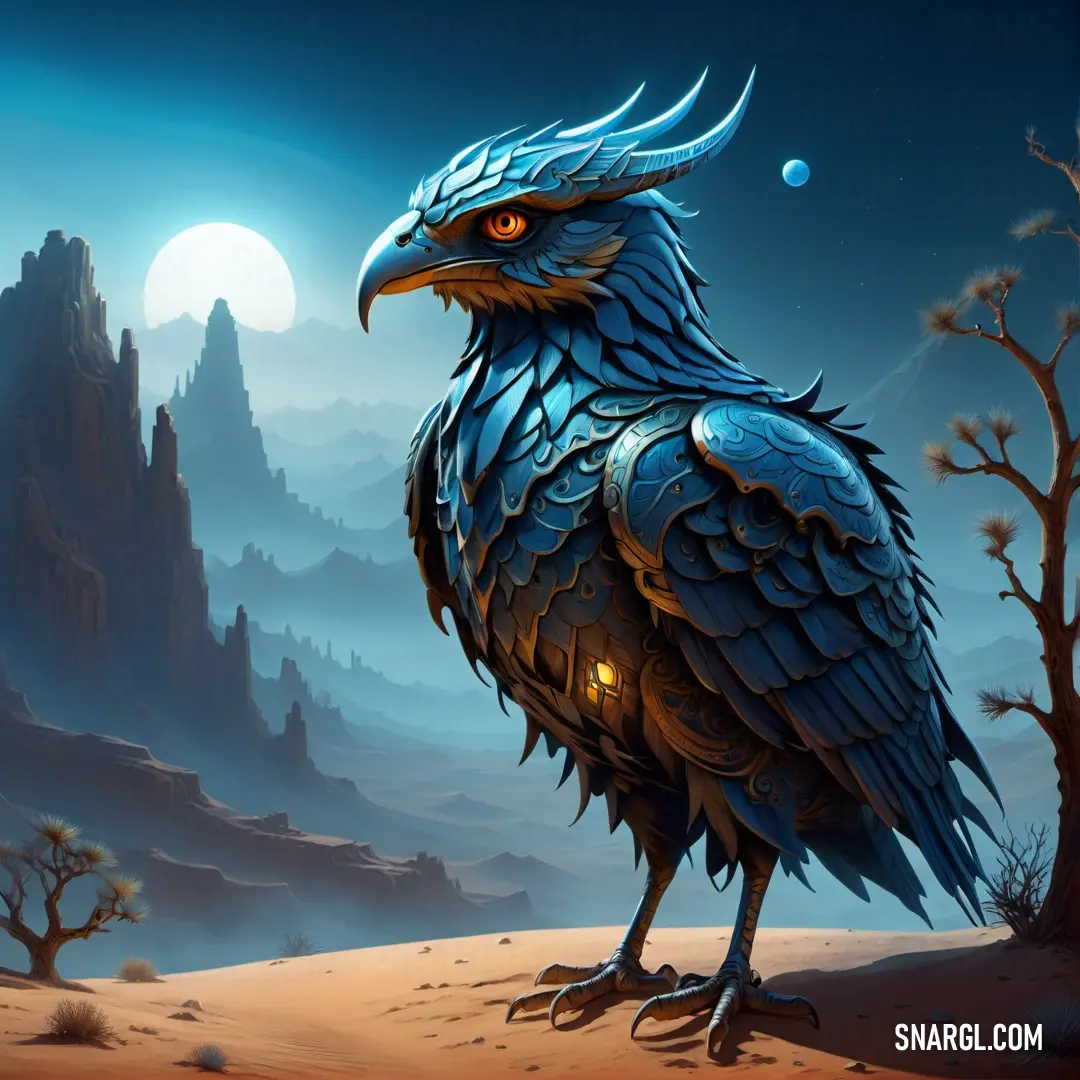Bird with a strange head standing in the desert at night with a full moon in the background
