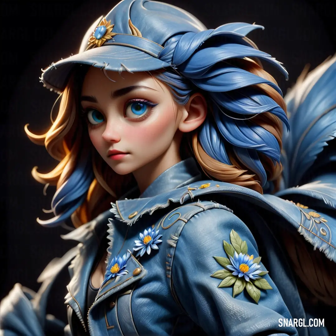 Close up of a doll wearing a blue hat and jacket with flowers on it's wings and a flower on her shoulder