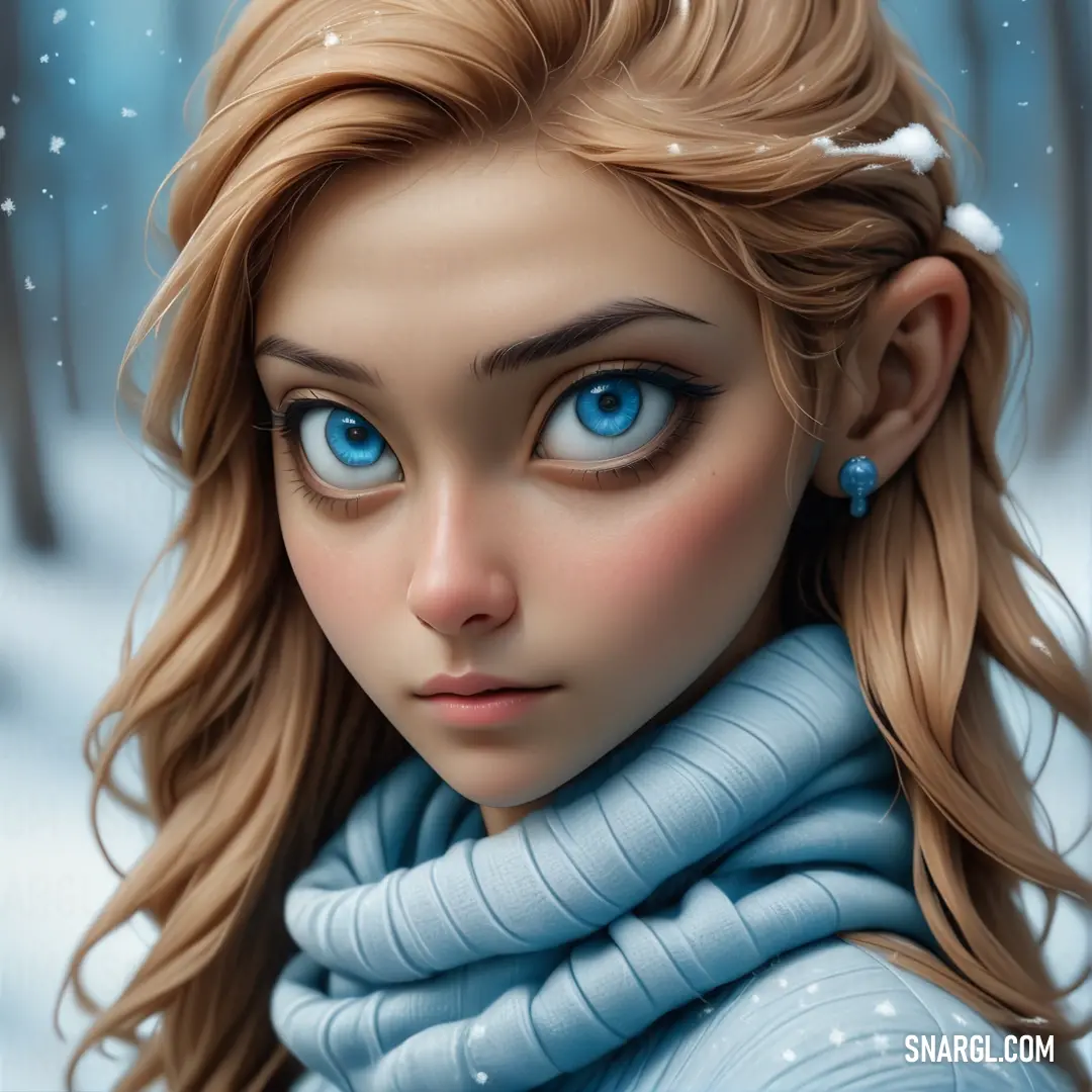 Digital painting of a woman with blue eyes and a scarf around her neck in the snow