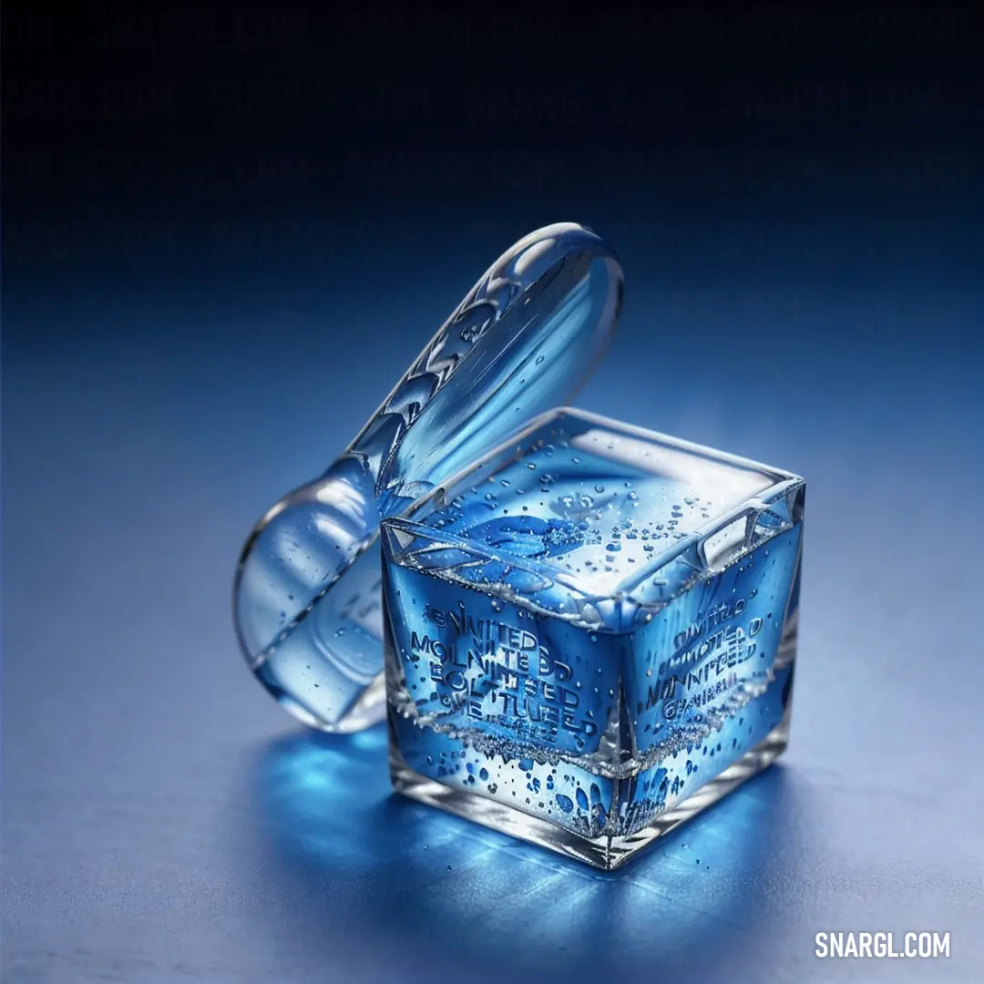Glass ice cube with a lid and a handle on a blue surface with a reflection of a city. Color #ABCDEF.
