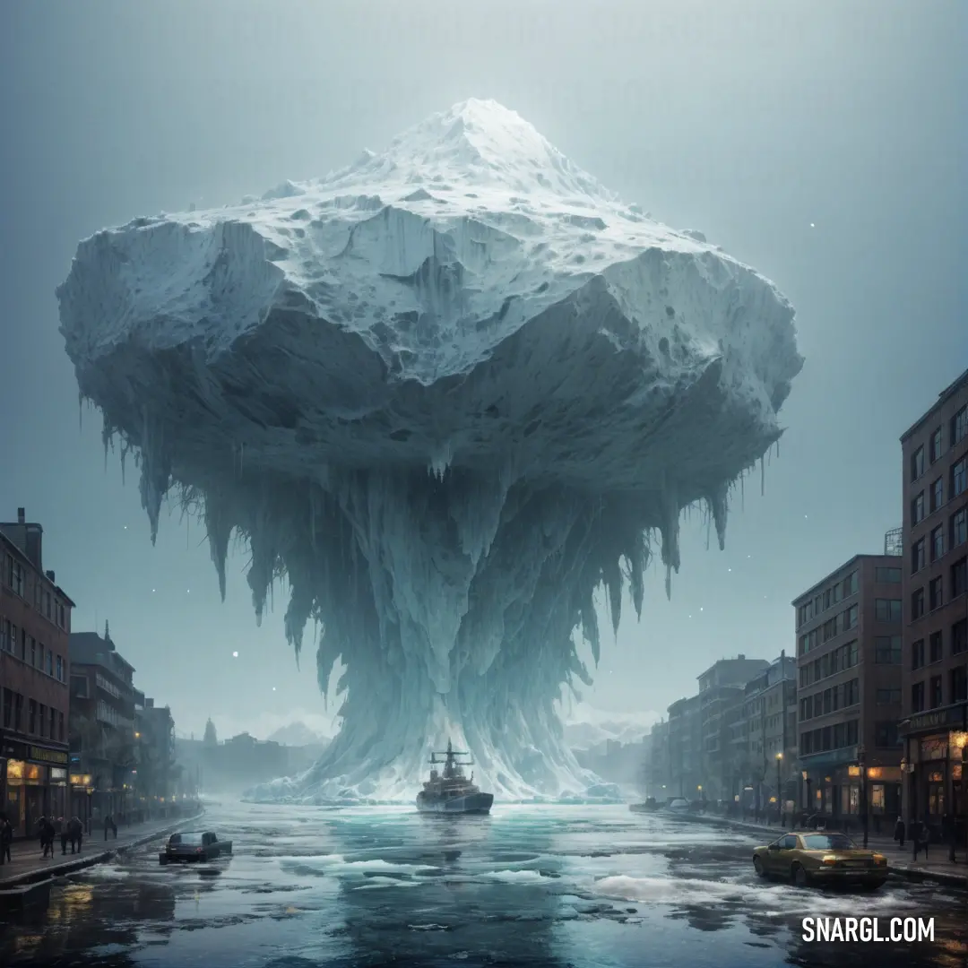 Large iceberg floating over a city street next to tall buildings and a boat in the water under it. Example of Pale cornflower blue color.