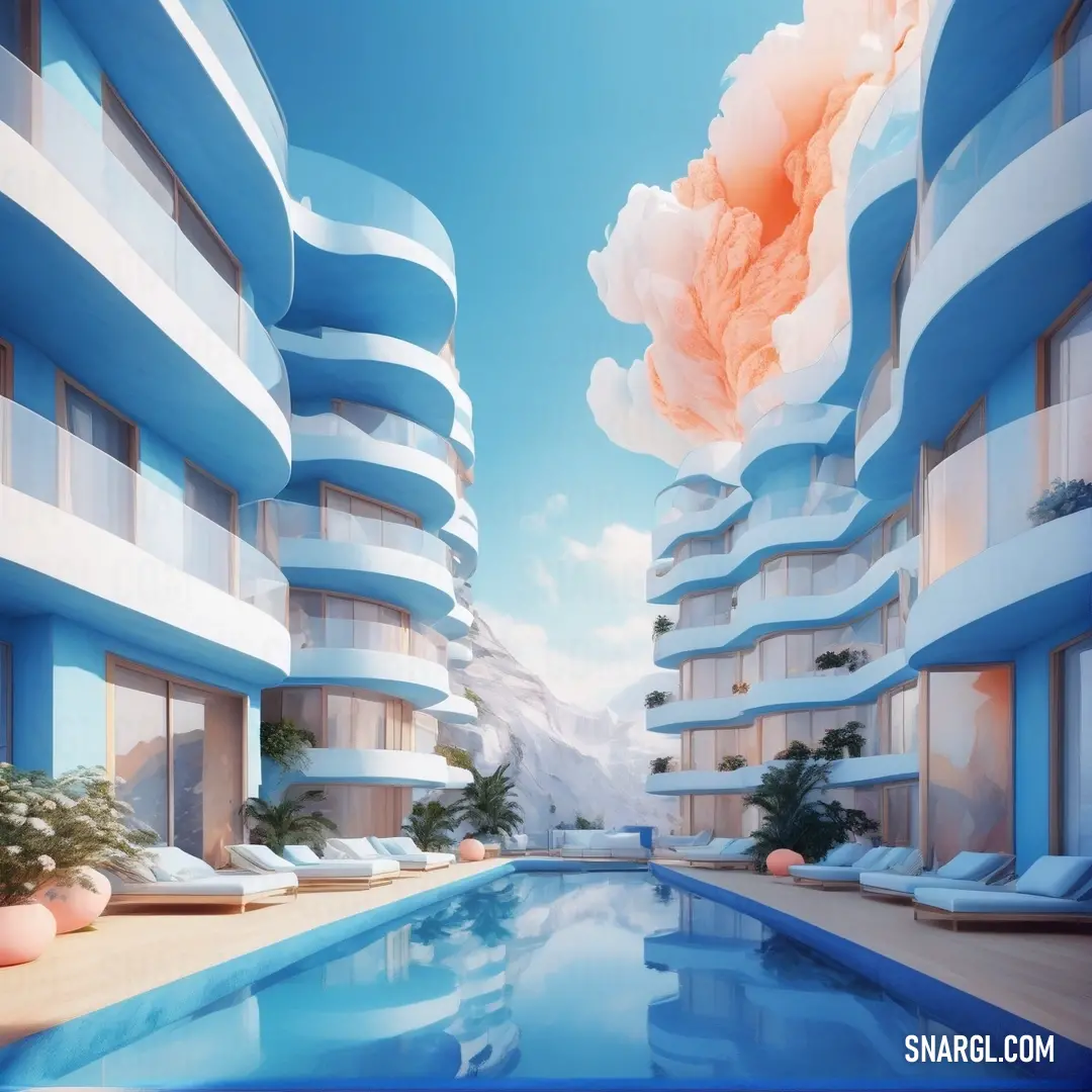 Large swimming pool surrounded by tall buildings and a sky background. Color RGB 171,205,239.