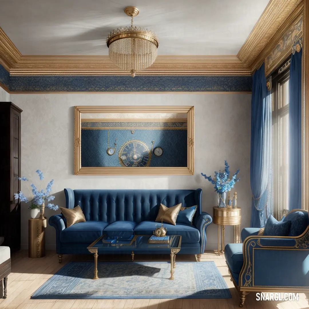 Living room with blue couches and a blue rug on the floor and a painting on the wall