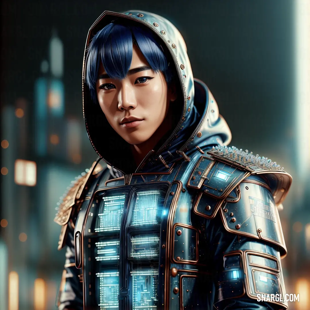 Man in a futuristic suit with a hood on and a futuristic city in the background with lights on