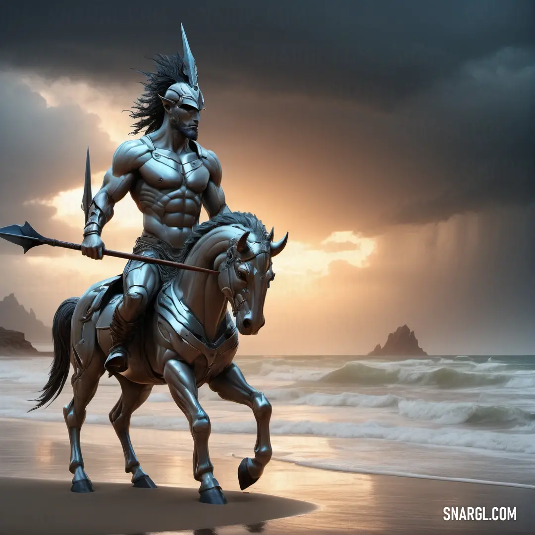 Man riding a horse on top of a beach next to the ocean with a spear in his hand. Color CMYK 28,14,0,6.