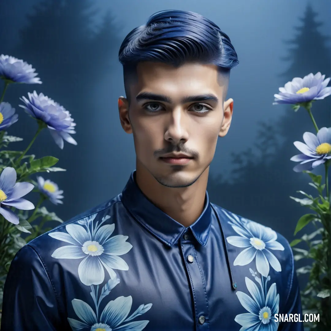 Man with a blue shirt and flowers in front of him is a digital painting of a man with blue hair