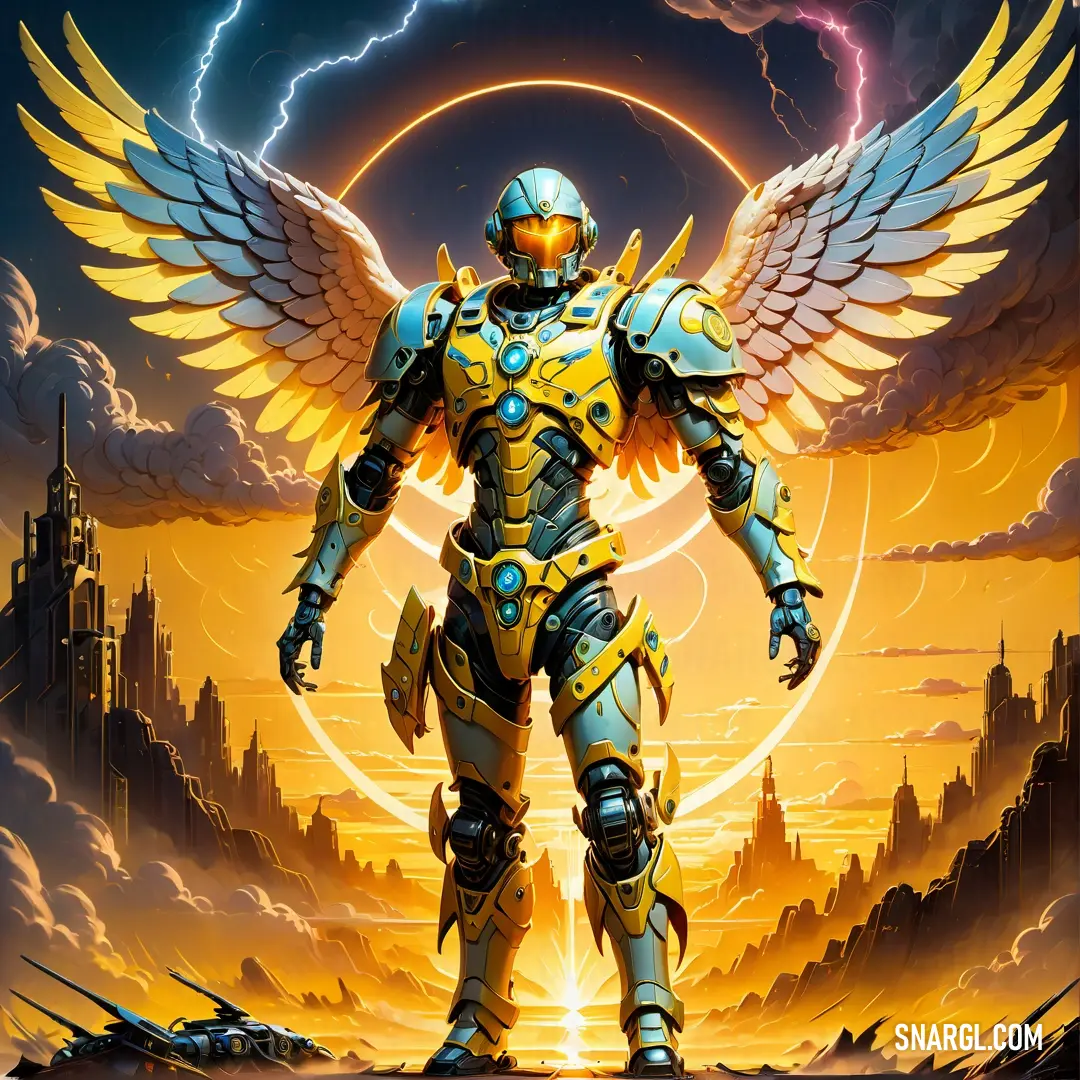 Painting of a robot with wings standing in front of a sunset and a city with lightnings in the background