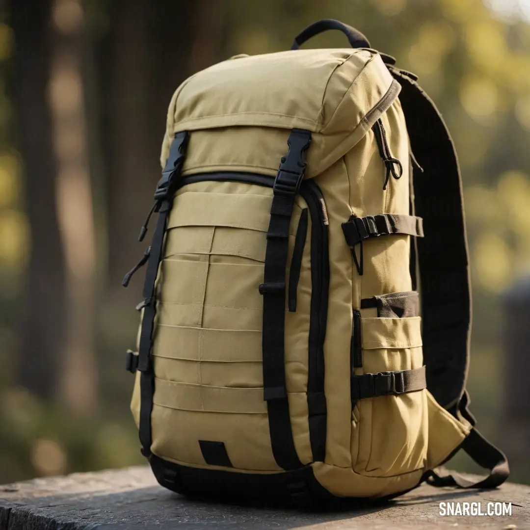 A rugged backpack rests on a natural ledge in a lush forest, with towering trees serving as a majestic backdrop. The earthy colors and natural surroundings evoke a sense of adventure and the thrill of exploring the great outdoors.