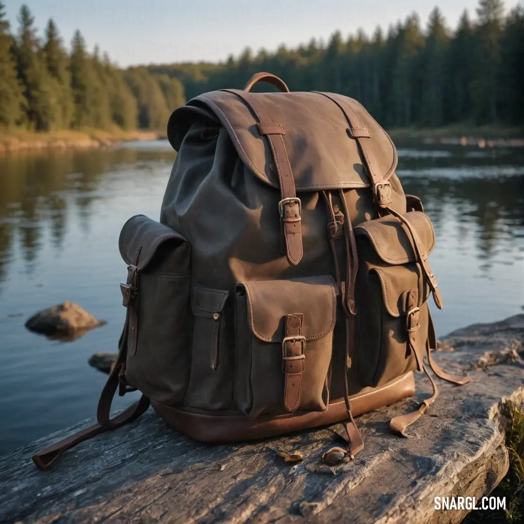 A sturdy backpack rests on a log by a tranquil lake, with trees reflecting peacefully in the water. The natural beauty of the scene invites thoughts of relaxation, exploration, and the serene joy of being immersed in the great outdoors.