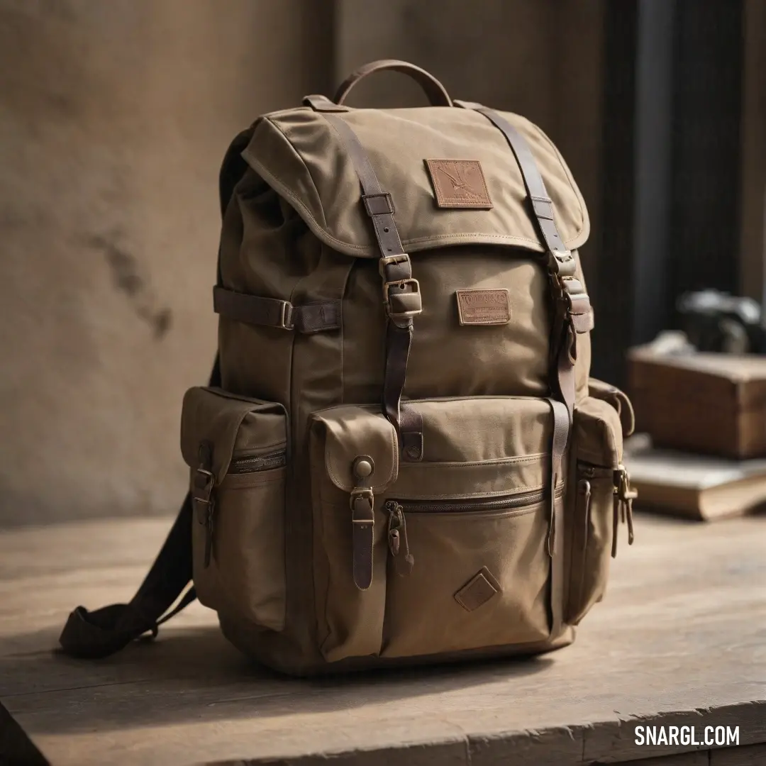 A vibrant backpack rests on a table, artfully juxtaposed with a book and a pair of scissors. The scene hints at creativity and adventure, where preparation meets inspiration, and the backpack stands as a reminder of journeys waiting to unfold.