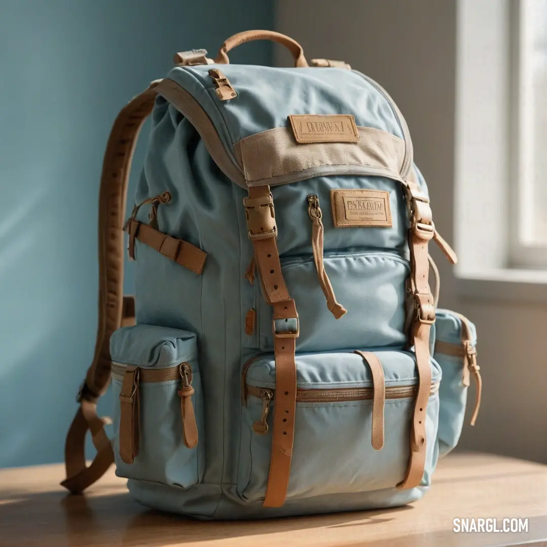 A stylish blue backpack is prominently displayed on a table beside a sunlit window. The soft light filtering through highlights its unique texture, creating a peaceful and inviting atmosphere perfect for study or relaxation at home.