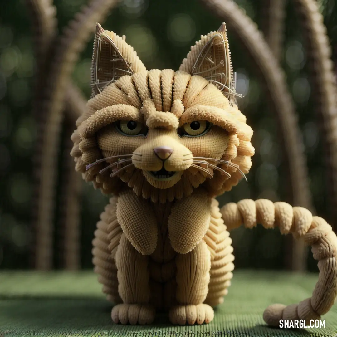 Cat made out of wood on a green surface with a rope around it's neck and eyes