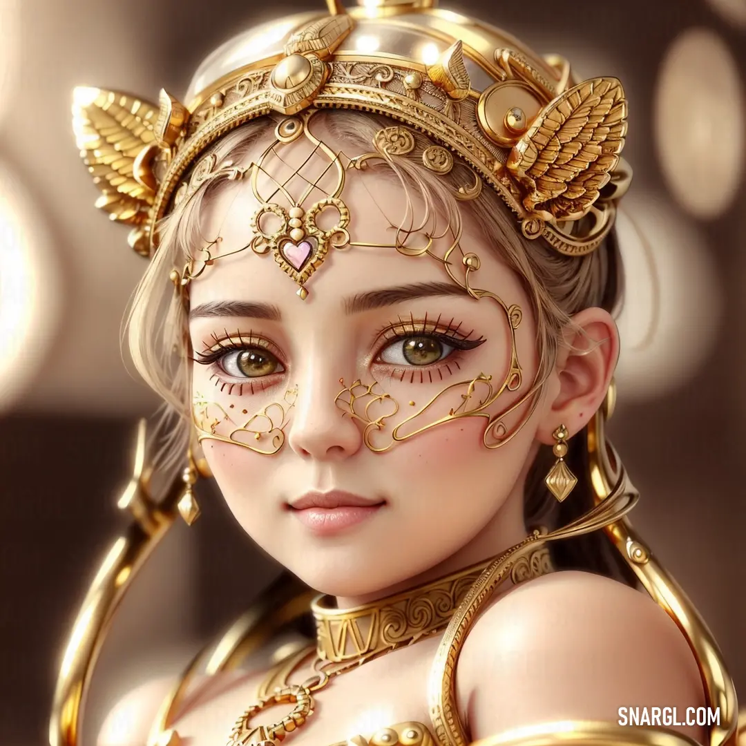 Digital painting of a woman wearing a gold costume and headpiece with wings on her head and a gold necklace around her neck