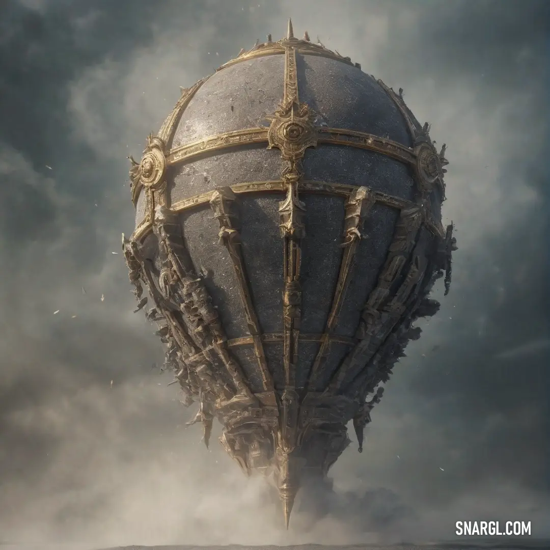 A magnificent pale gold, ornate object floats serenely in the air, its intricate details illuminated against a soft, cloudy backdrop. The object seems to shimmer with an ethereal glow, suspended in time and space.