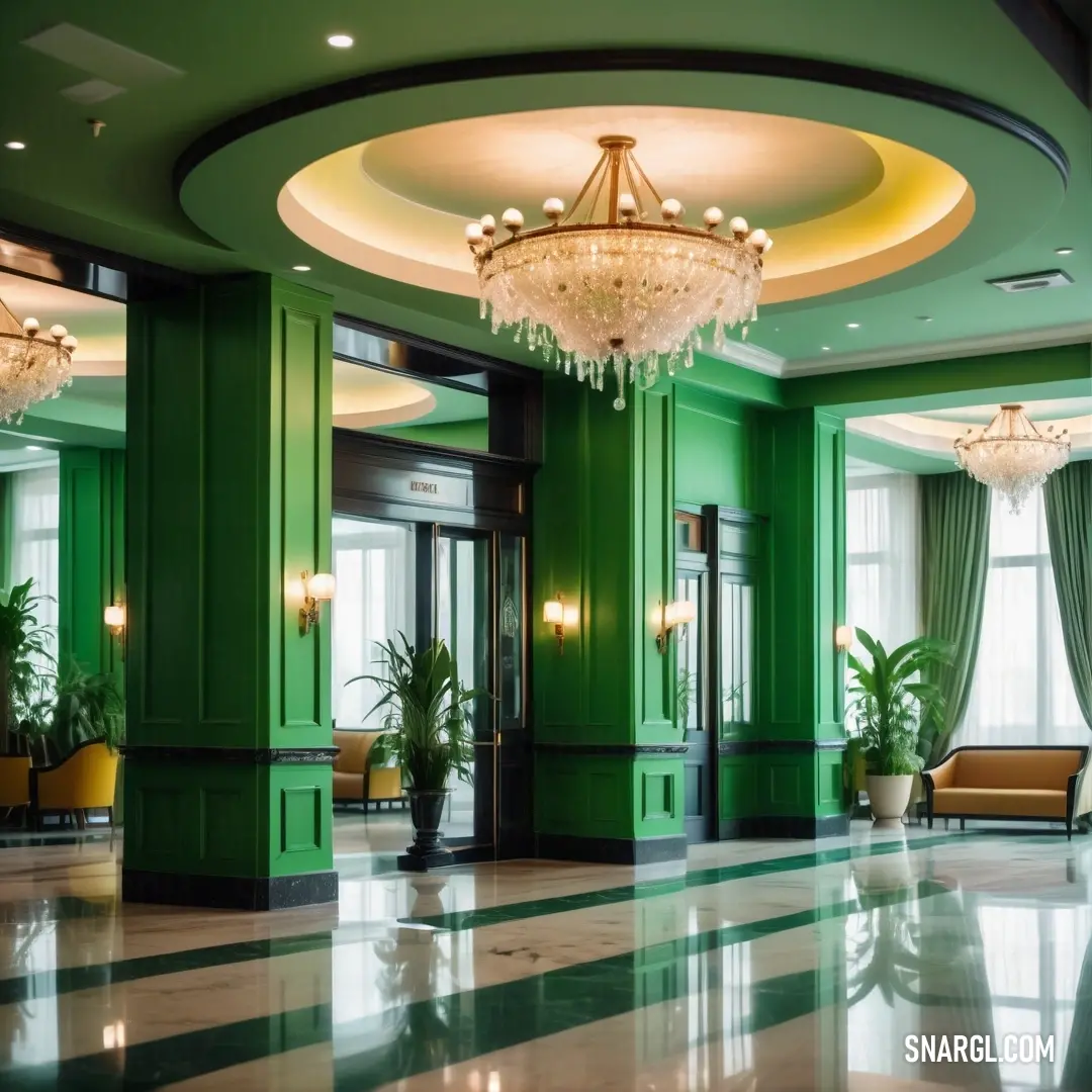 Large room with a chandelier and a green wall and a marble floor. Example of #E6BE8A color.