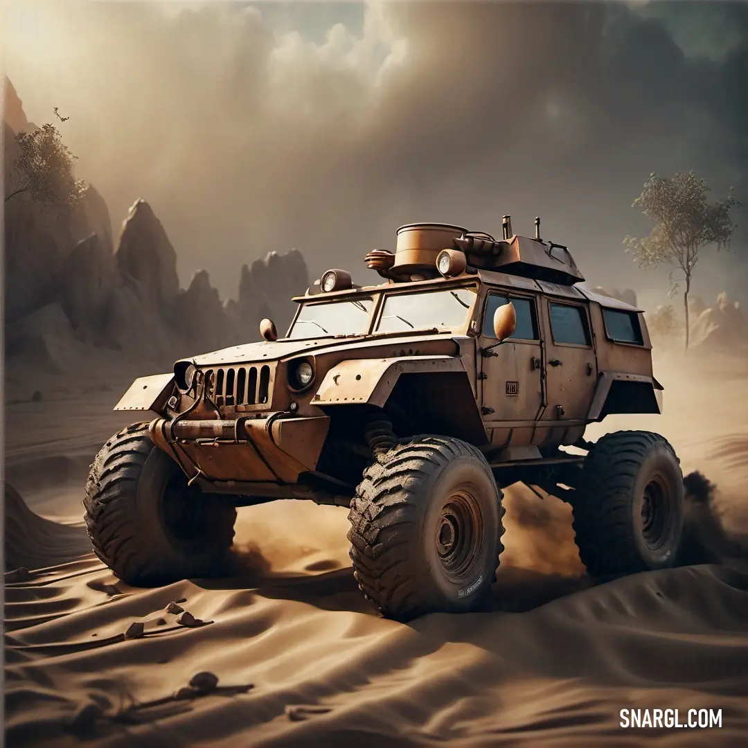 Large truck driving through a desert filled with sand and rocks. Color Pale gold.