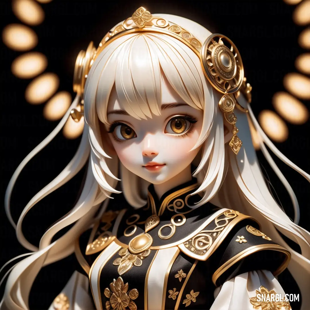 Pale gold color. Anime girl with long white hair and a black and gold outfit with gold accents on her head and shoulders