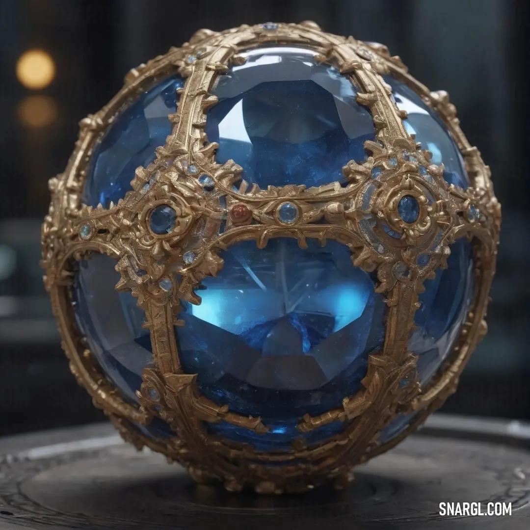 A gleaming blue and gold sphere with an intricate, raised centerpiece at its core, reflecting light in a soft, shimmering glow. The colors blend together in a delicate harmony, with rich hues that evoke elegance and refinement.