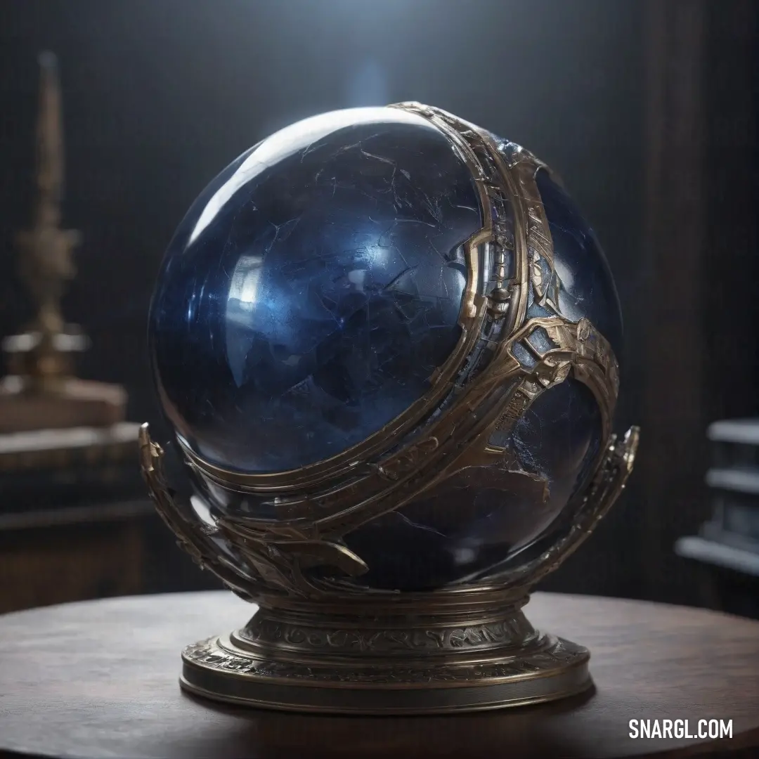 A blue marble sphere sits gracefully on a wooden table, next to a lamp and a statue. The rich texture of the marble contrasts with the warm, natural tones of the wood, creating a peaceful yet captivating arrangement.