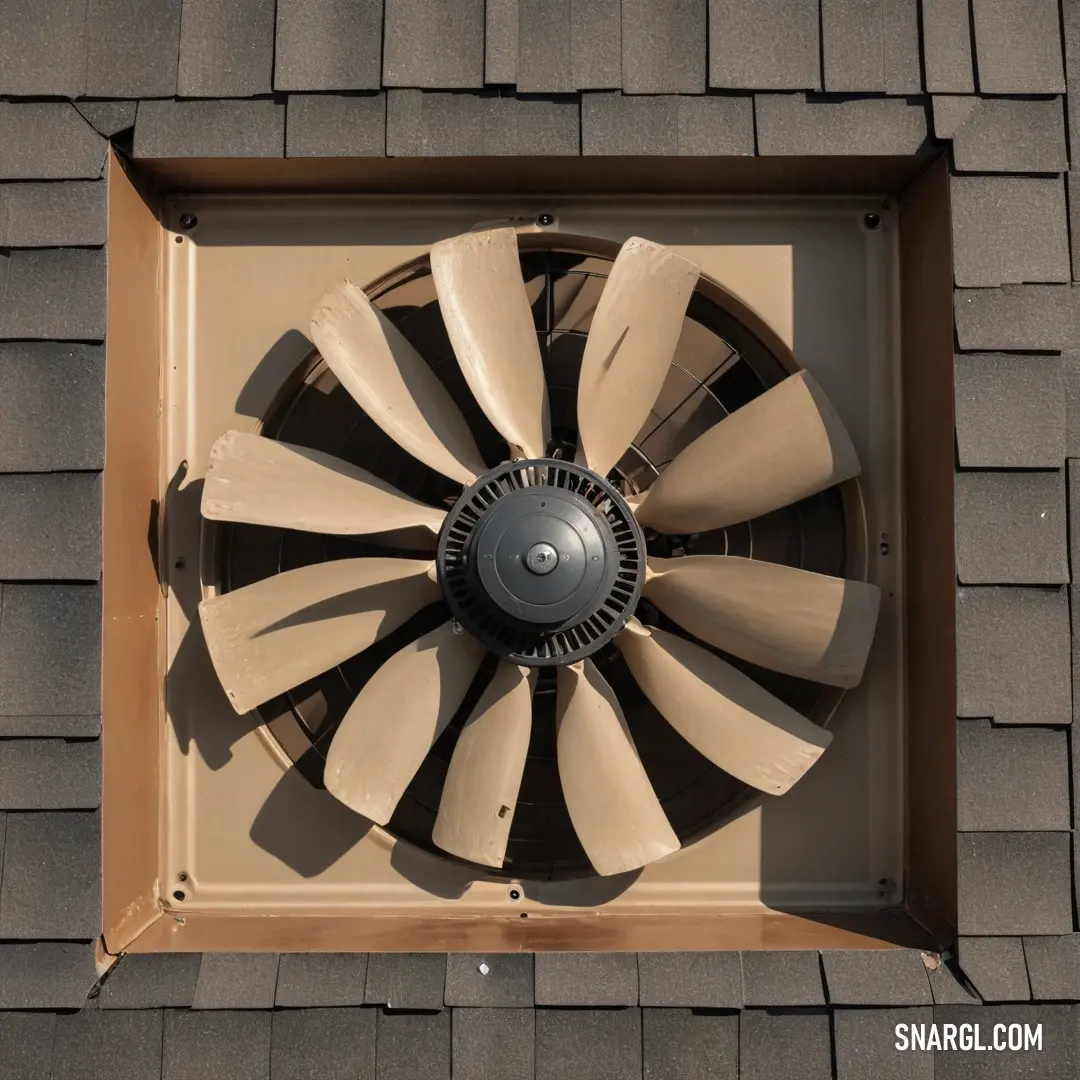 Fan mounted on a roof of a house with a roof ventilator attached to it's side. Color #E6BE8A.