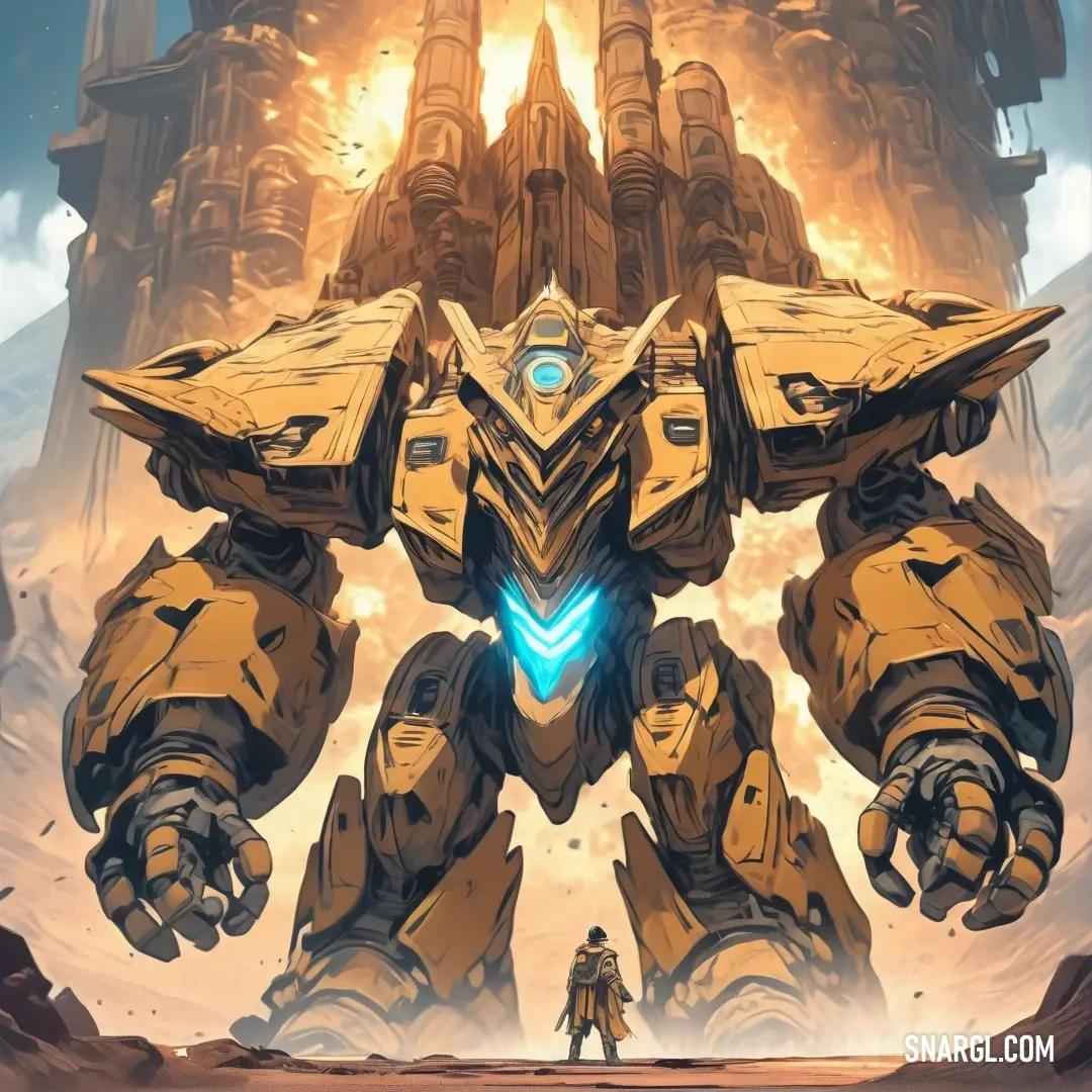 Giant robot standing in front of a giant building with a man standing next to it in front of a huge fire. Example of #E6BE8A color.