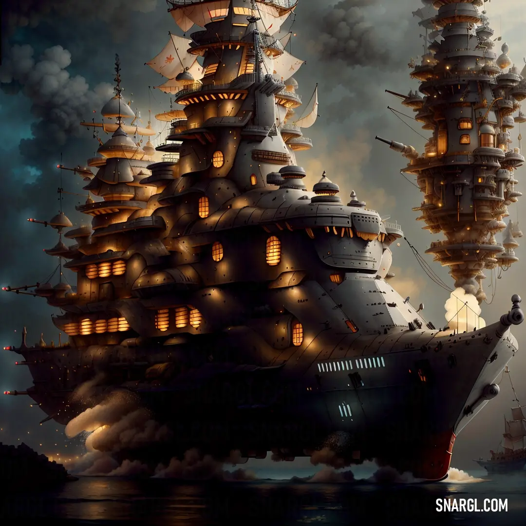 A massive ship, illuminated by lights on its sails, moves through water with billowing smoke rising from its structure. The combination of lights and smoke creates a sense of grandeur and mystery.