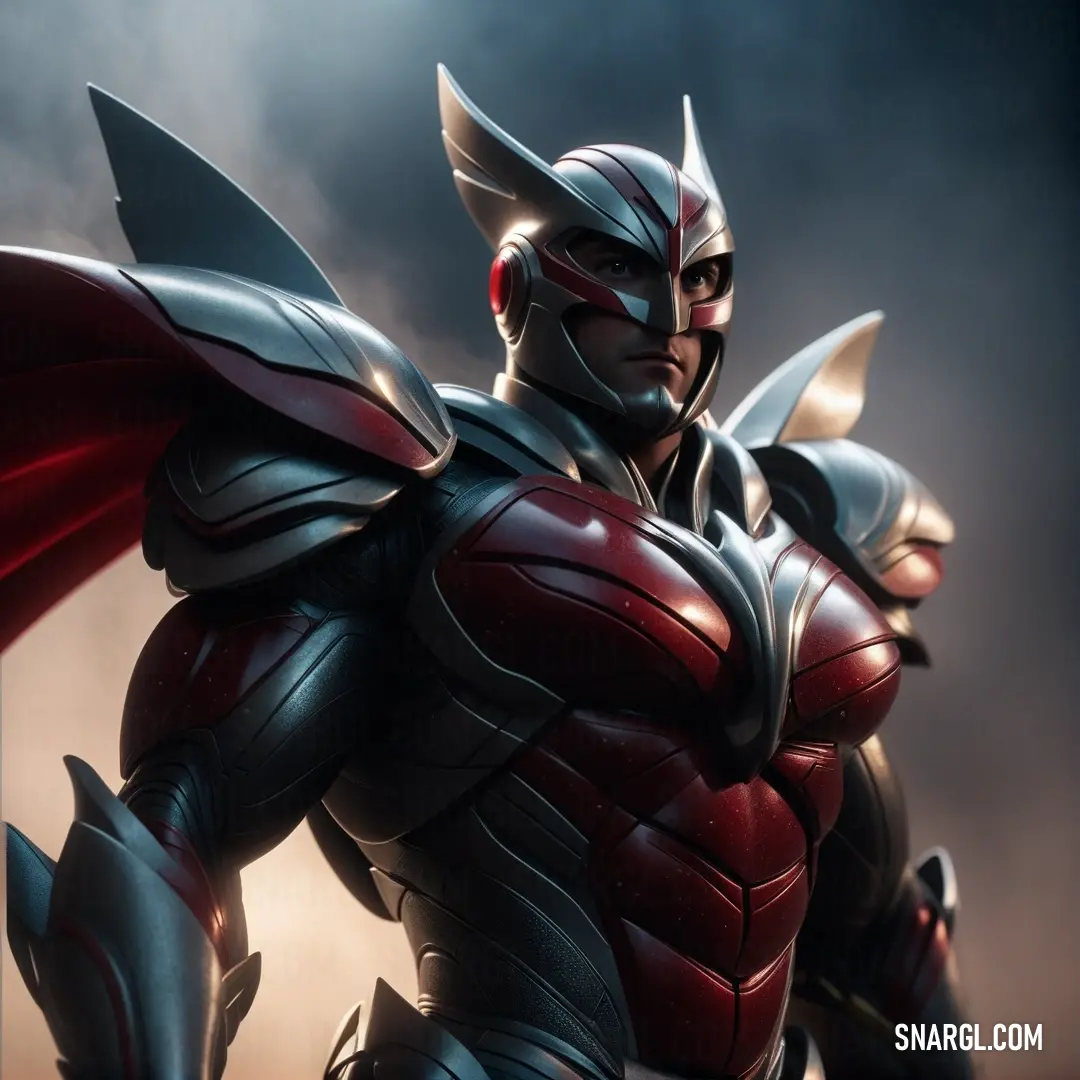 A stately figure clad in armor, wielding a sword and draped in a flowing red cape. His confident stance and polished suit of armor exude power and authority, with a hint of mystery beneath the gleaming metal.