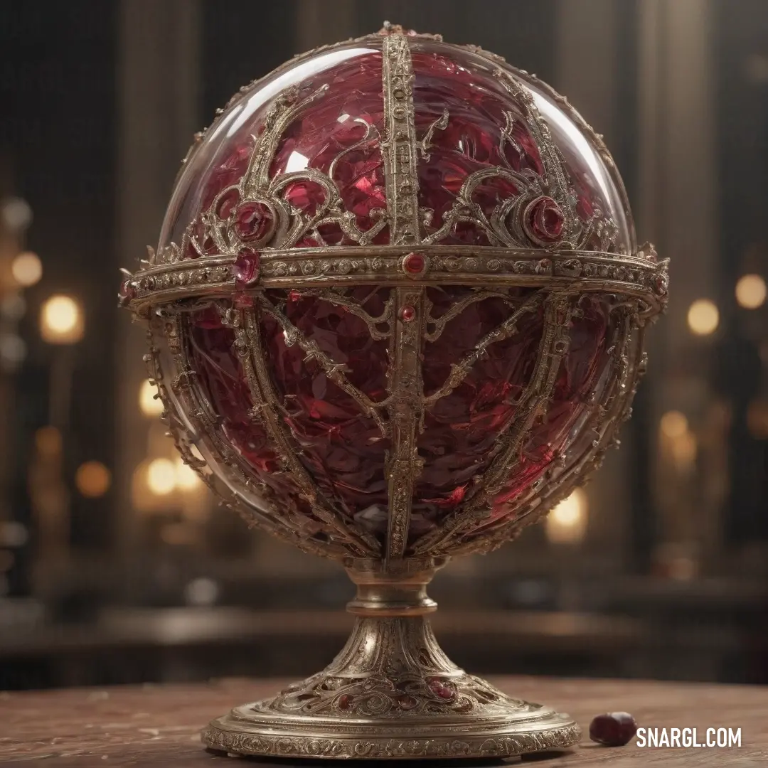 A rich red glass ball, its intricate designs elegantly displayed on a table. The soft flicker of nearby candles casts a warm, inviting light on the room, creating a cozy and refined atmosphere.