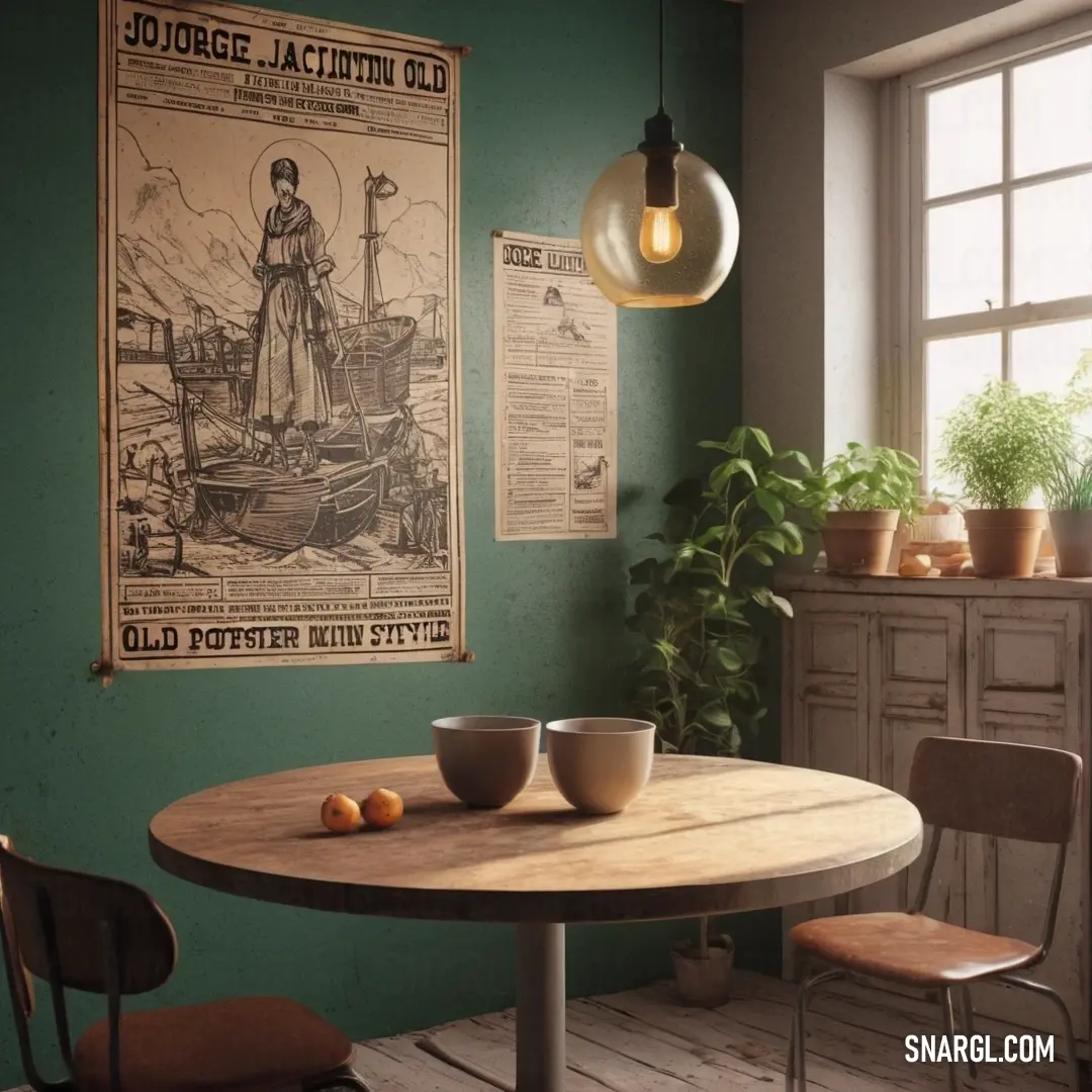 Table with two bowls of fruit on it in a room with a poster on the wall and a potted plant. Color RGB 230,190,138.