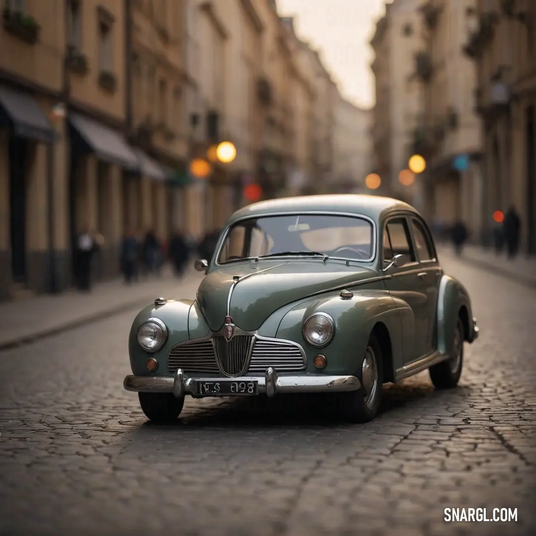 A vintage car gracefully parked on a charming cobblestone street in a European city, bathed in the warm light of dusk. This captivating scene evokes nostalgia and charm, inviting admiration for classic elegance on timeless streets.