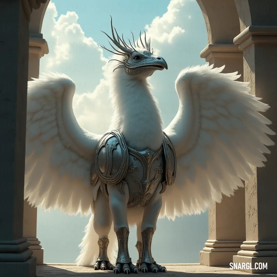 A majestic white bird with striking wings and golden armor standing gracefully in a doorway, framed by ethereal clouds in the background. This enchanted scene invites wonder and showcases the beauty of nature and fantasy together.