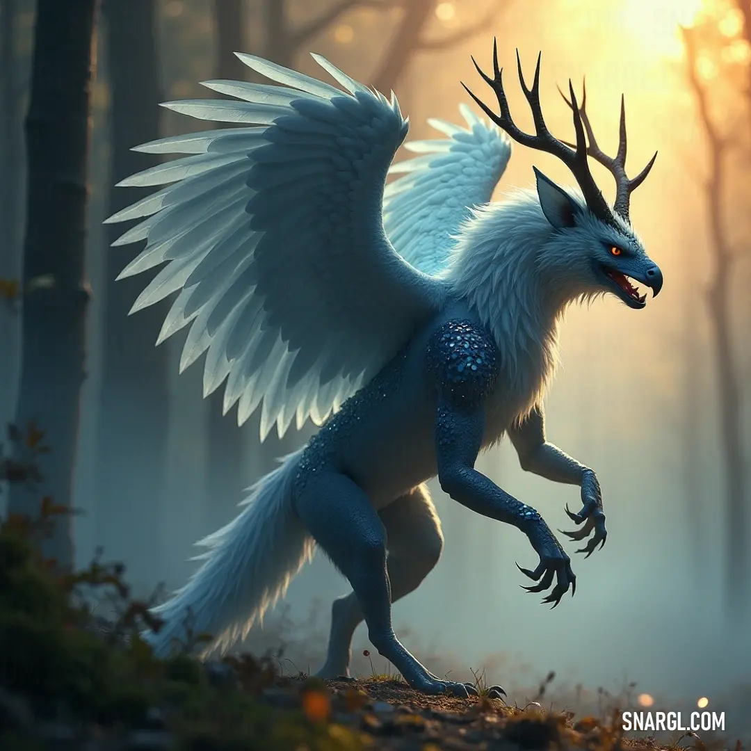 A striking white dragon with magnificent horns and grand wings nestled in a fog-laden forest. The soft, dappled light filtering through the trees enhances the mythical ambiance of this serene and mystical landscape.