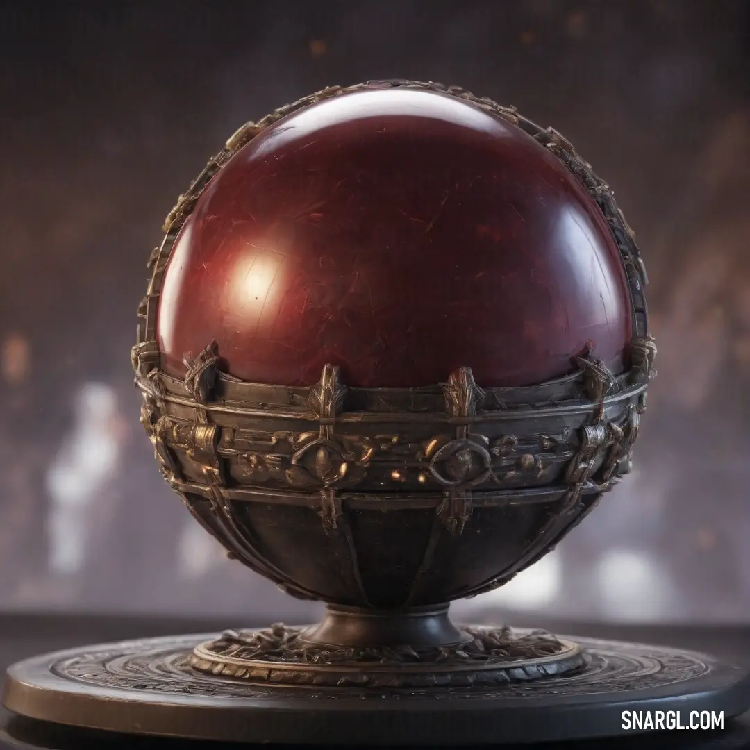 A striking red sphere rests on a sleek metal stand, positioned atop a polished table. The black background enhances the sphere's vibrant color, giving it a mysterious and almost otherworldly presence.