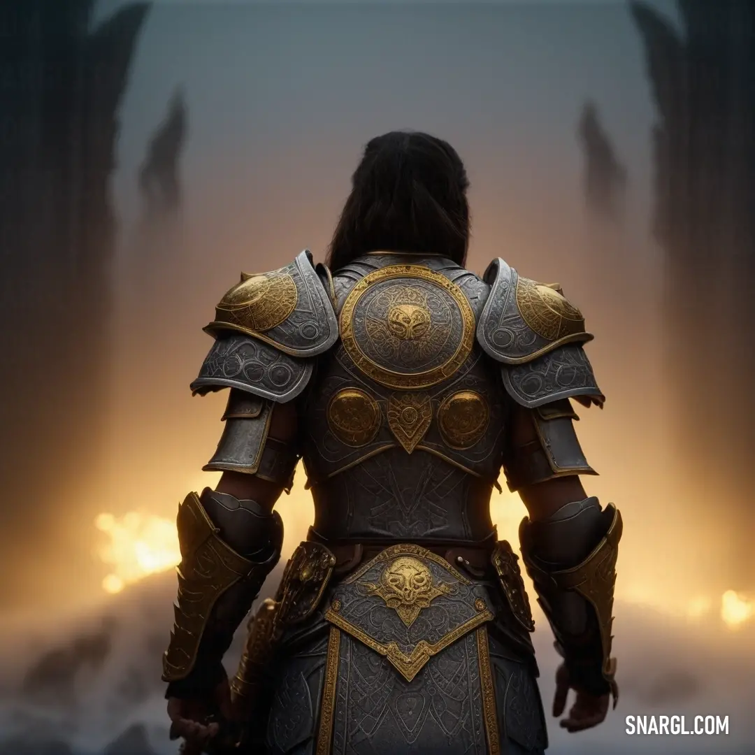 A fierce woman in armor stands tall against a backdrop of blazing fire. Her stance is strong and confident, ready for anything, with the intense flames reflecting in the polished metal of her armor.