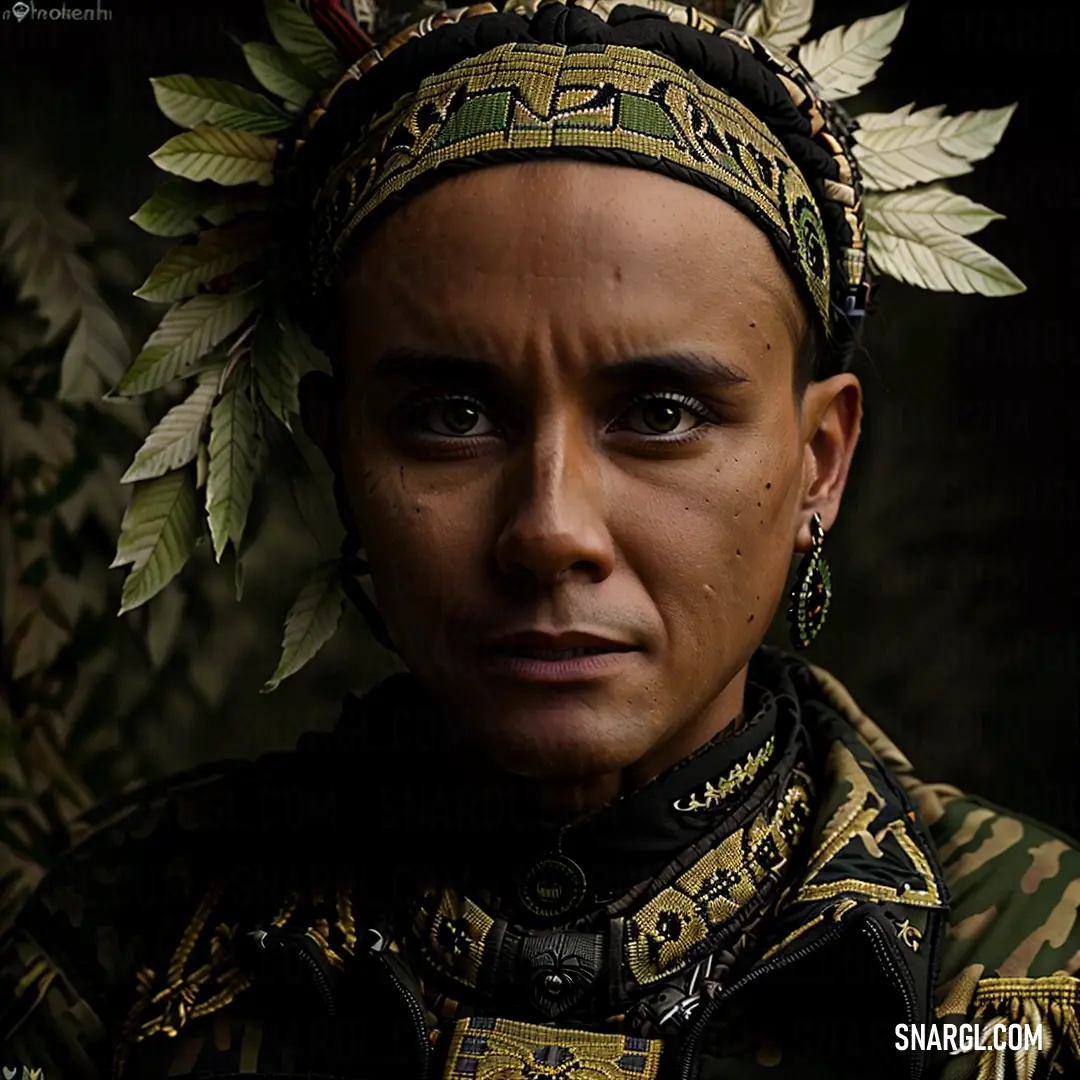 A woman wearing a delicate headpiece made of leaves stands against a lush green backdrop. Her graceful expression and natural adornments bring harmony between humanity and nature.