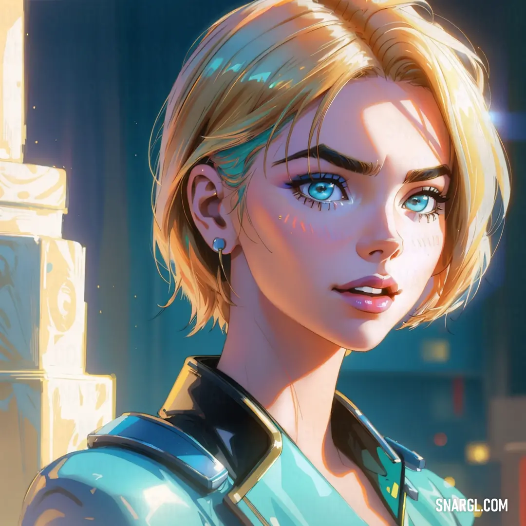 Woman with blonde hair and blue eyes looks into the distance with a city in the background