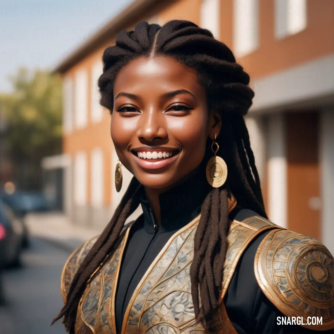 Woman with dreadlocks and a gold jacket on a street corner smiling at the camera with a building in the background