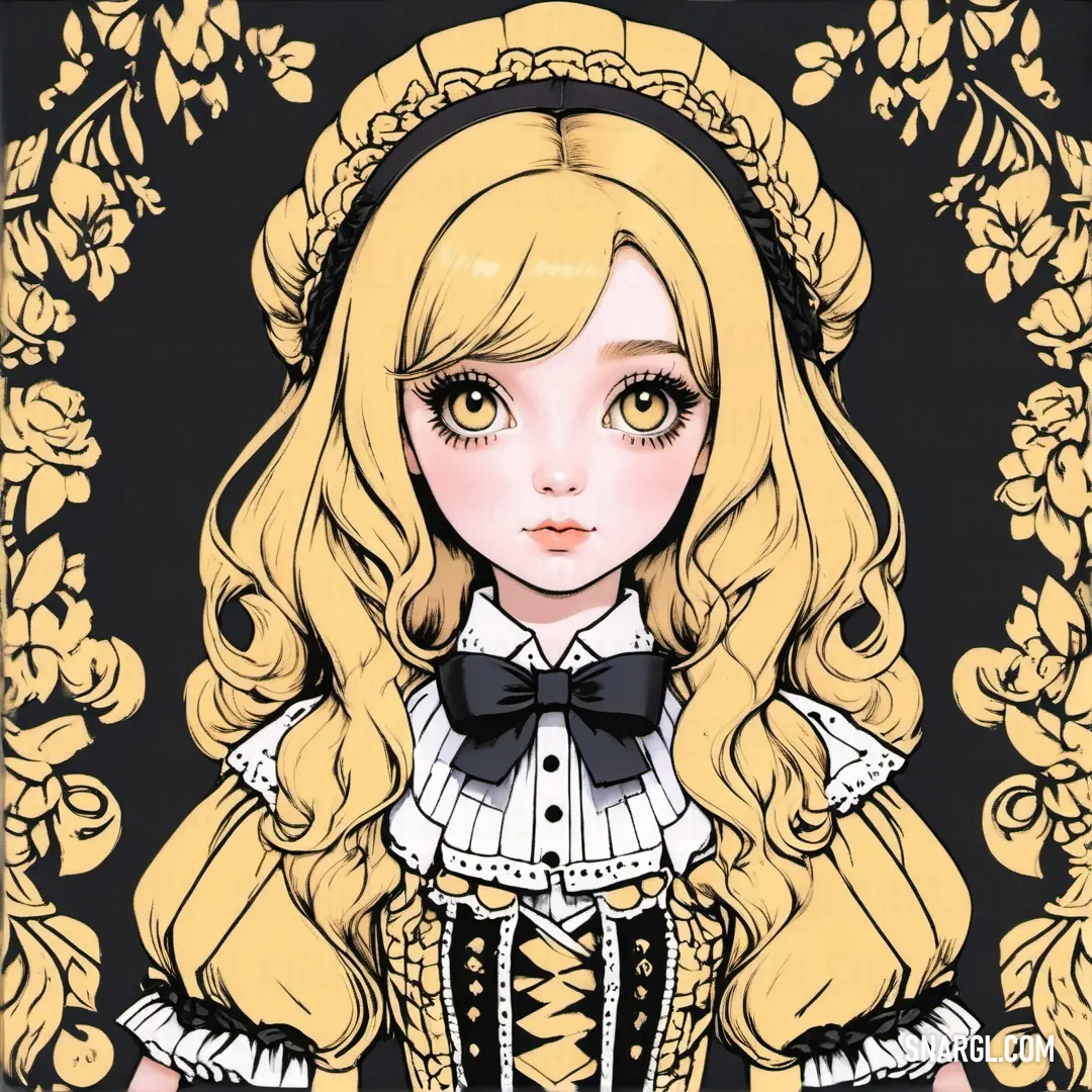 Drawing of a girl with long blonde hair and a bow tie on her head. Color #EEE8AA.