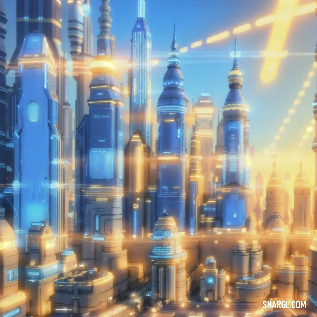 Futuristic city with a lot of tall buildings and a lot of lights on the buildings are all yellow