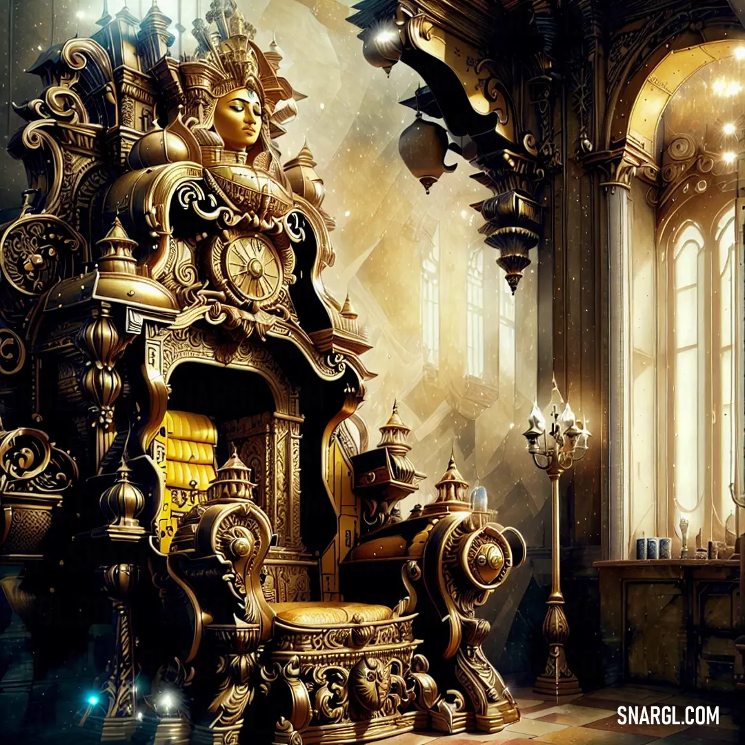 Golden chair in a room with a clock on it's back and a chandelier hanging from the ceiling