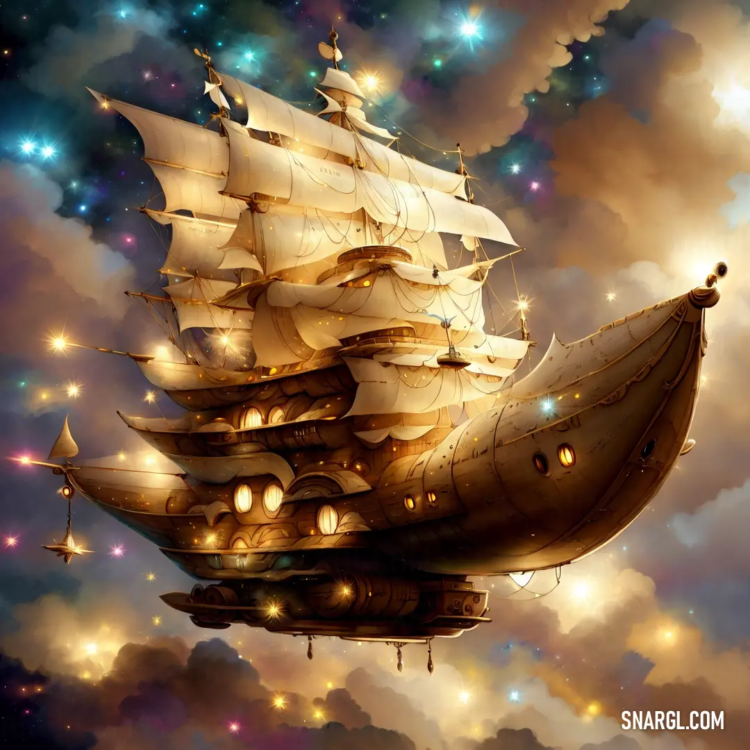 Painting of a ship floating in the sky with stars in the sky above it and a lot of clouds