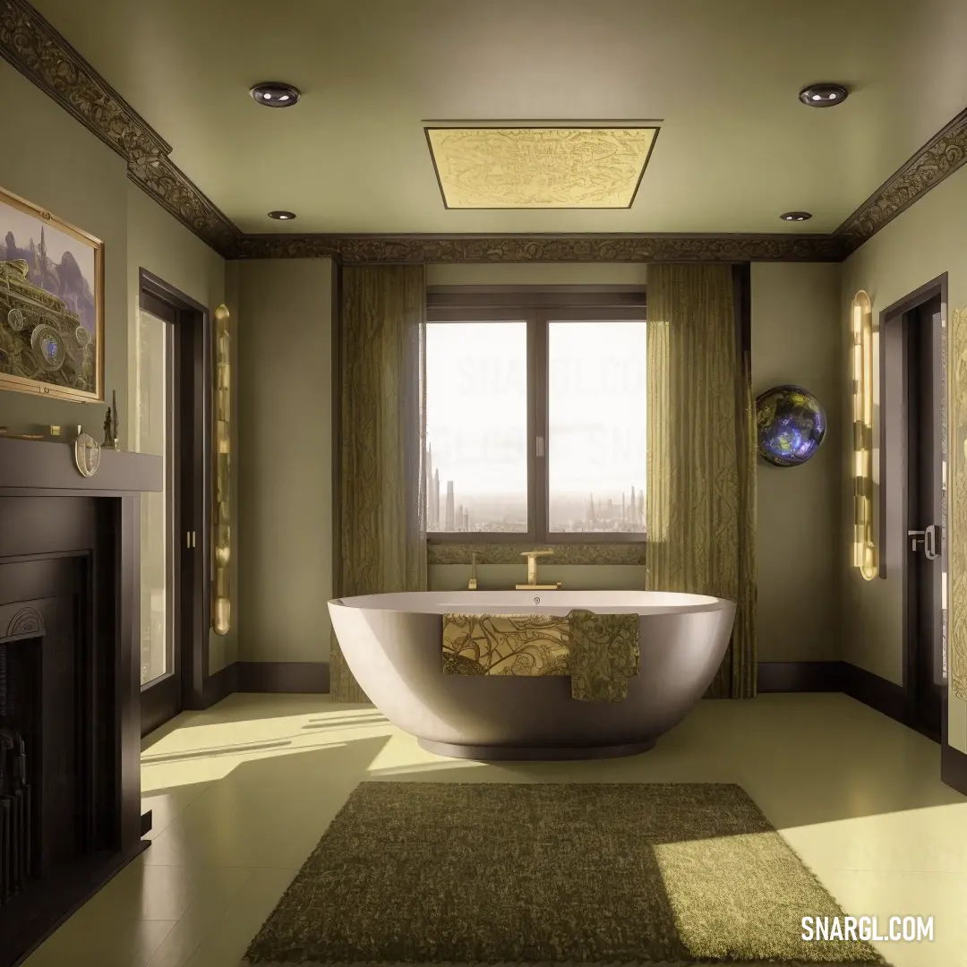 Bathroom with a large bathtub and a fireplace in it's center area. Example of CMYK 0,3,29,7 color.